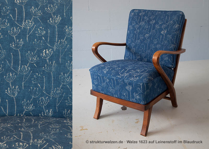 armchair with blue printed fabric